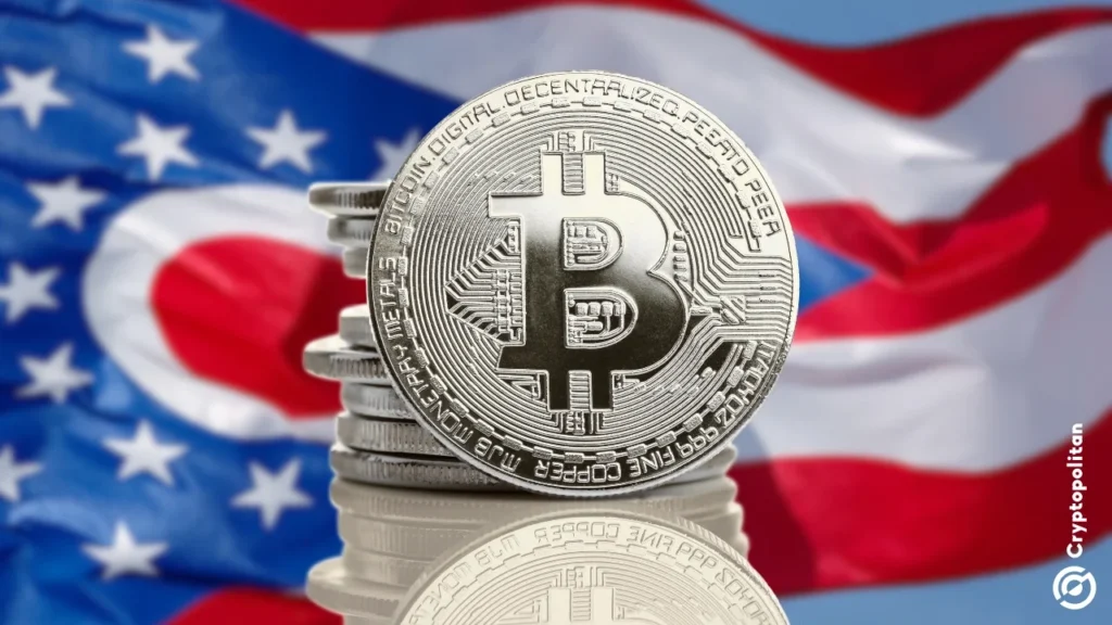 Ohio flag behind stacked Bitcoin coins, symbolizing crypto-friendly legislation like House Bill 166