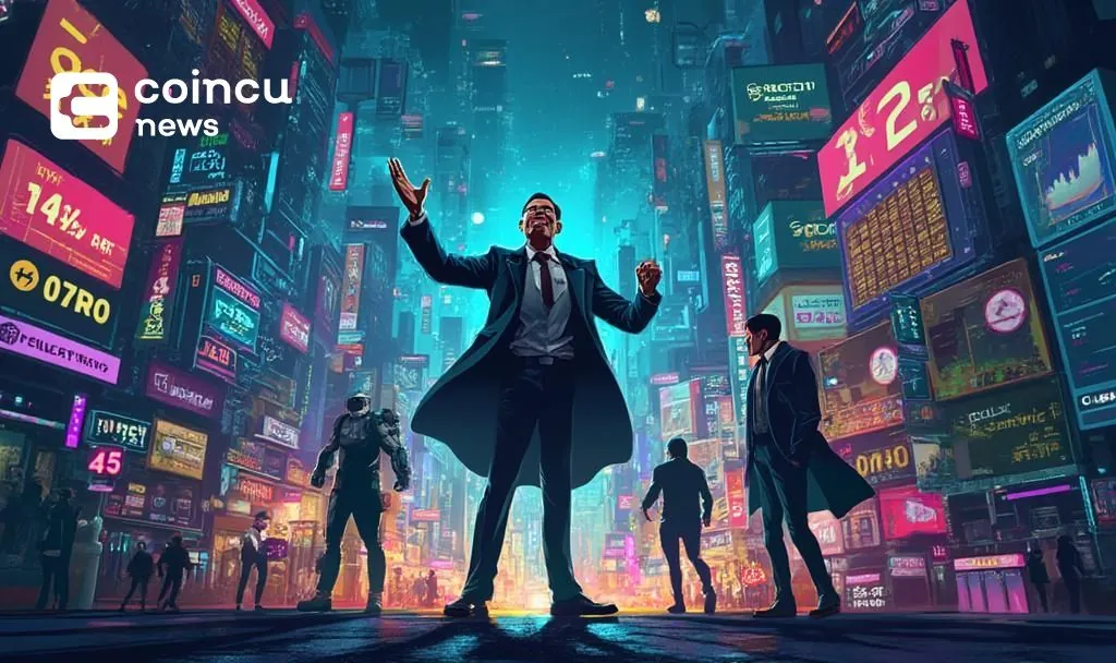 Businessman celebrates PancakeSwap DEX market dominance amid vibrant digital trading cityscape