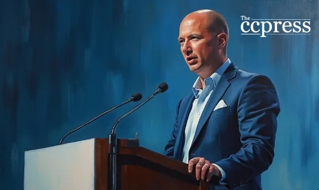 A professional speaker in a blue suit delivering a speech at a podium with dual microphones, featured by The ccpress