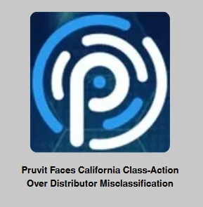 Pruvit logo with article headline about California class-action lawsuit over distributor misclassification
