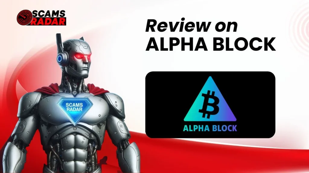 AlphaBlock Review illustration: Scams Radar robot superhero analyzing Alpha Block with Bitcoin triangle logo on a red and white background.