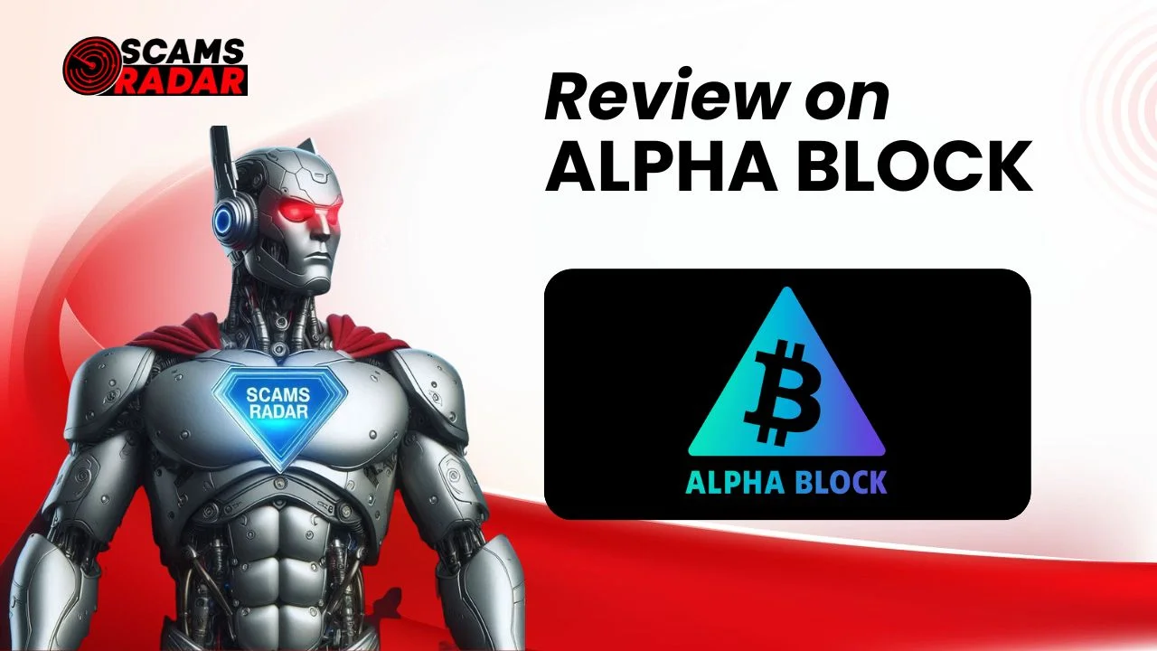 AlphaBlock Review illustration: Scams Radar robot superhero analyzing Alpha Block with Bitcoin triangle logo on a red and white background.