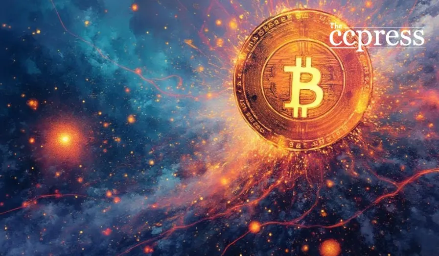 Bitcoin symbol glowing in space-themed explosion, representing large-scale USDT issuance by Tether on Tron