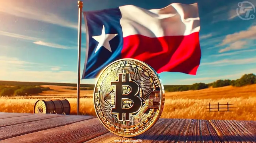 Golden Bitcoin in front of waving Texas state flag symbolizing new crypto legislation