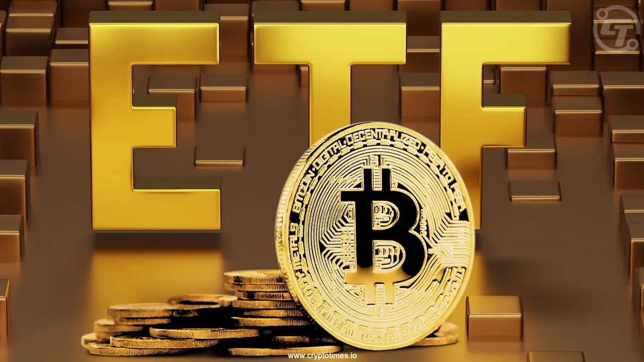 Golden ETF text with Bitcoin coin in front, symbolizing Trump Media's Truth Social crypto ETF filing
