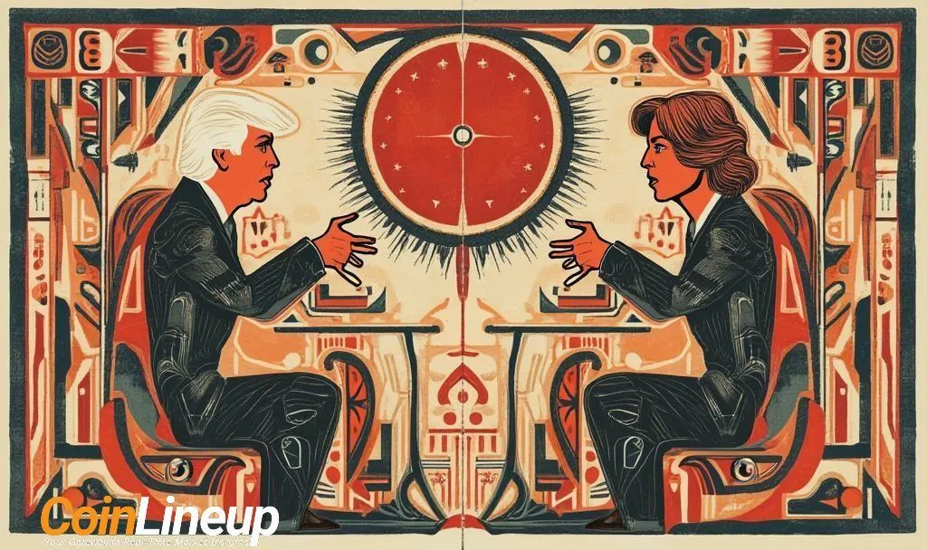 Stylized illustration of Trump and Warren debating U.S. debt limit strategy across a table with symbolic elements