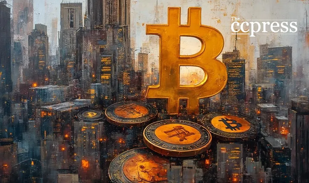 Bitcoin and cryptocurrency coins rise over a gloomy city skyline, symbolizing crypto’s role in response to rising US debt