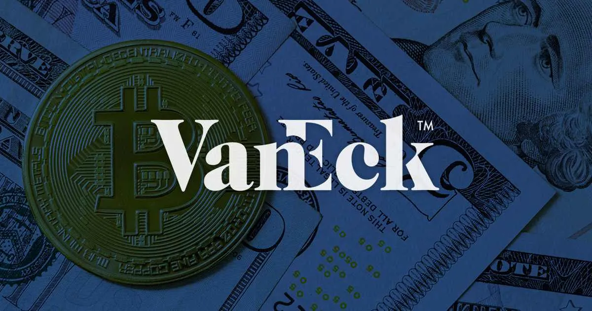 VanEck logo over crypto coin and US dollar background representing Solana ETF filing