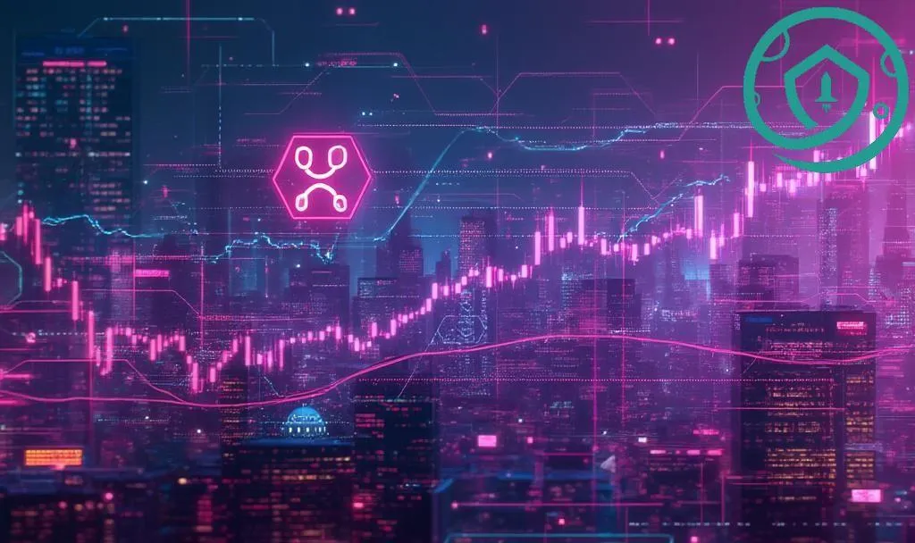 Digital chart showing XRP struggling against resistance levels amidst market volatility in a futuristic city backdrop
