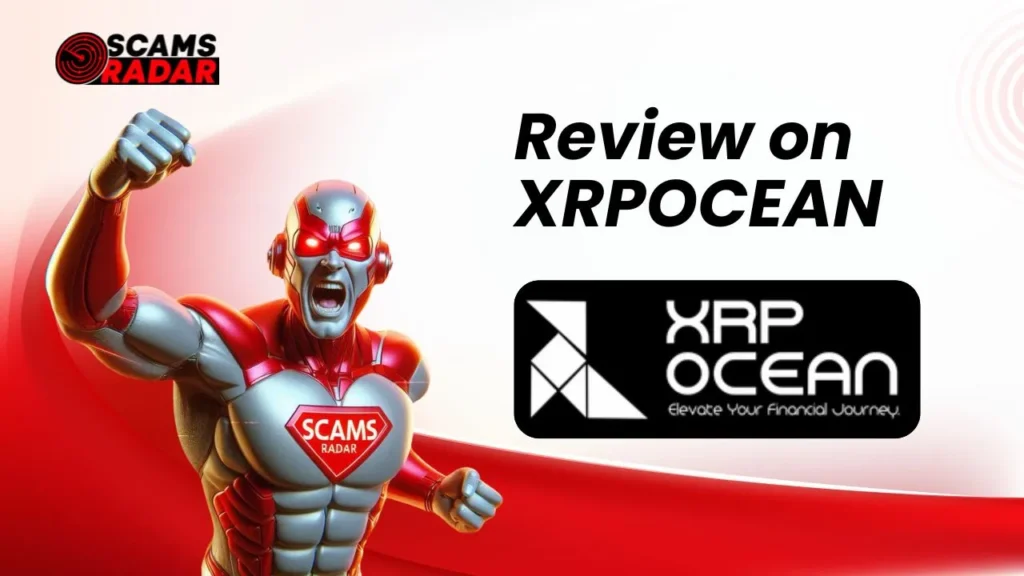 ScamsRadar superhero figure with XRPOcean Review title and logo in a blog banner thumbnail