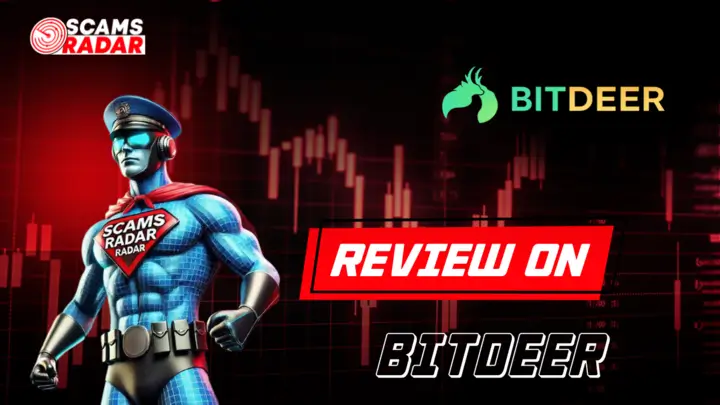 BitDeer Review - Scams Radar superhero analyzing BitDeer platform with candlestick chart background