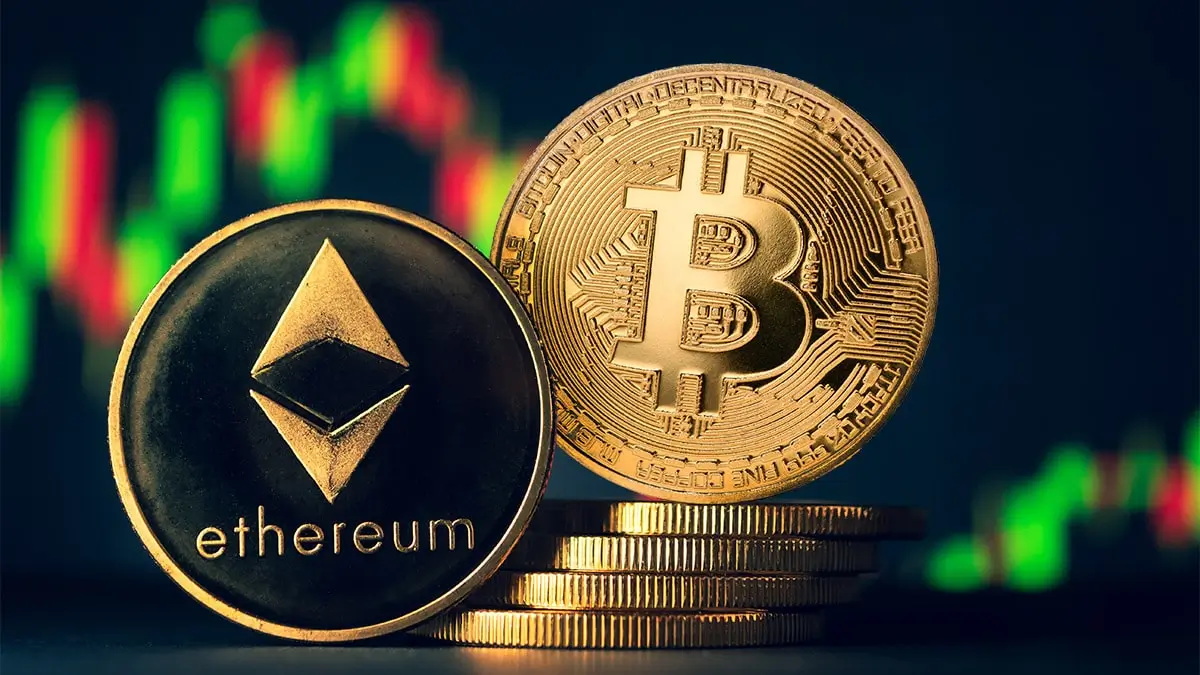 Bitcoin and Ethereum back with market trend chart and coins.