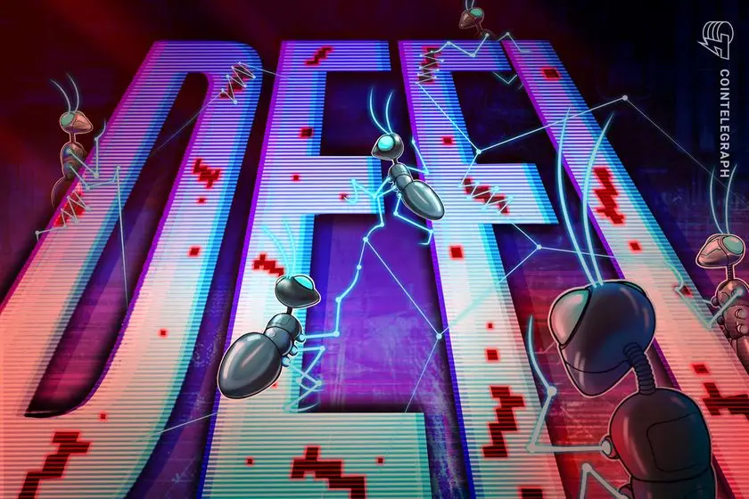 Illustration of a DeFi Hack with robotic ants attacking the 'DeFi' text, symbolizing cybersecurity threats in decentralized finance