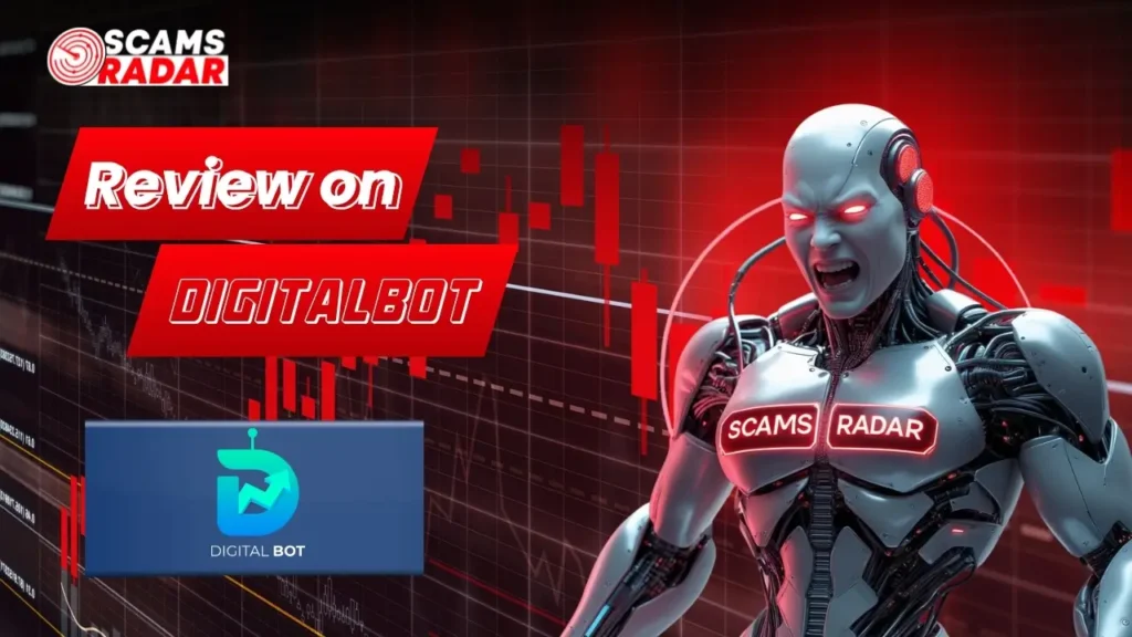 Digital Bot Review - Scams Radar warning with robotic figure and stock chart background
