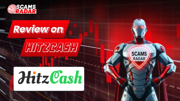 Hitzcash Review - Scams Radar warning with superhero graphic and stock chart background, highlighting Hitzcash scam alert.