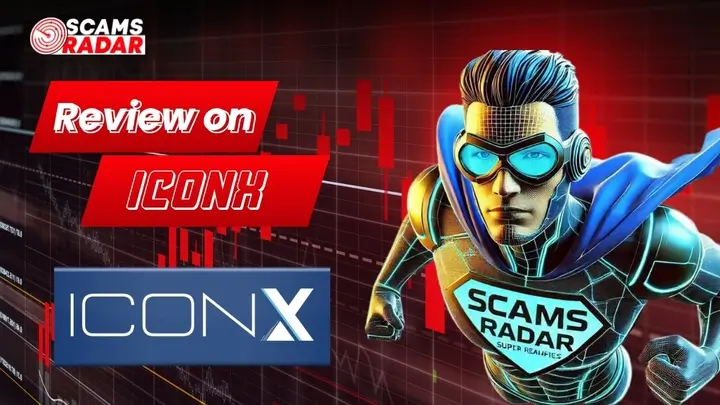 IconX Review - Scams Radar superhero analyzing IconX financial scam with chart background