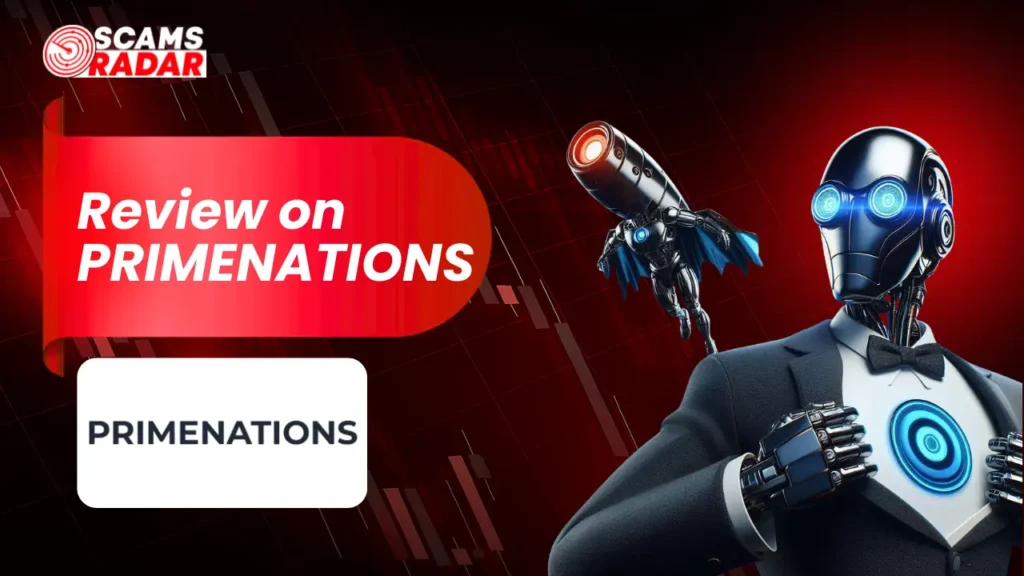 Prime Nations Review - Scams Radar analysis featuring a futuristic robot in a suit with glowing chest and rocket arm.
