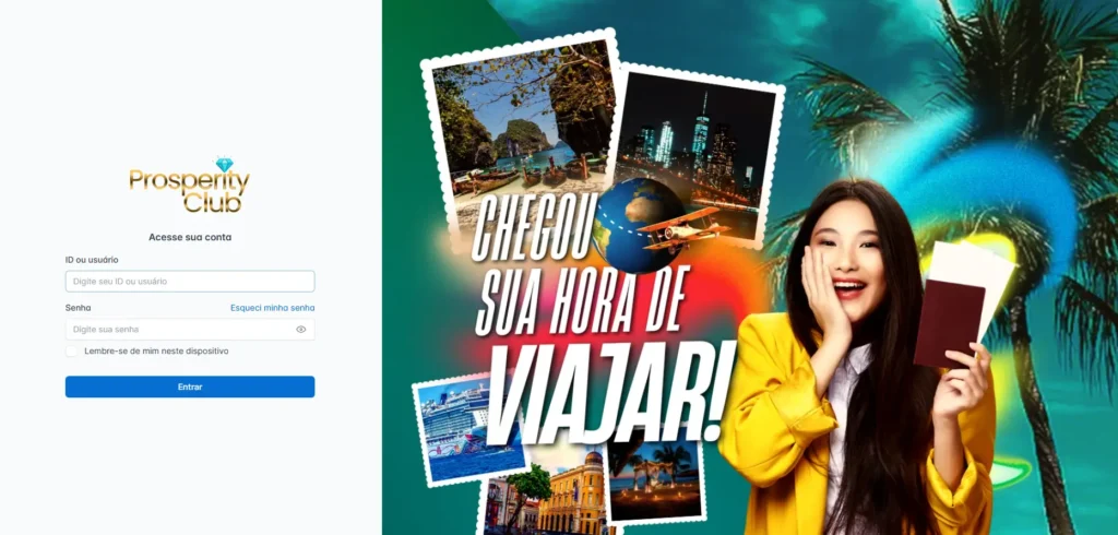 Prosperity Club login page with travel theme, featuring a woman with passport and global photos.