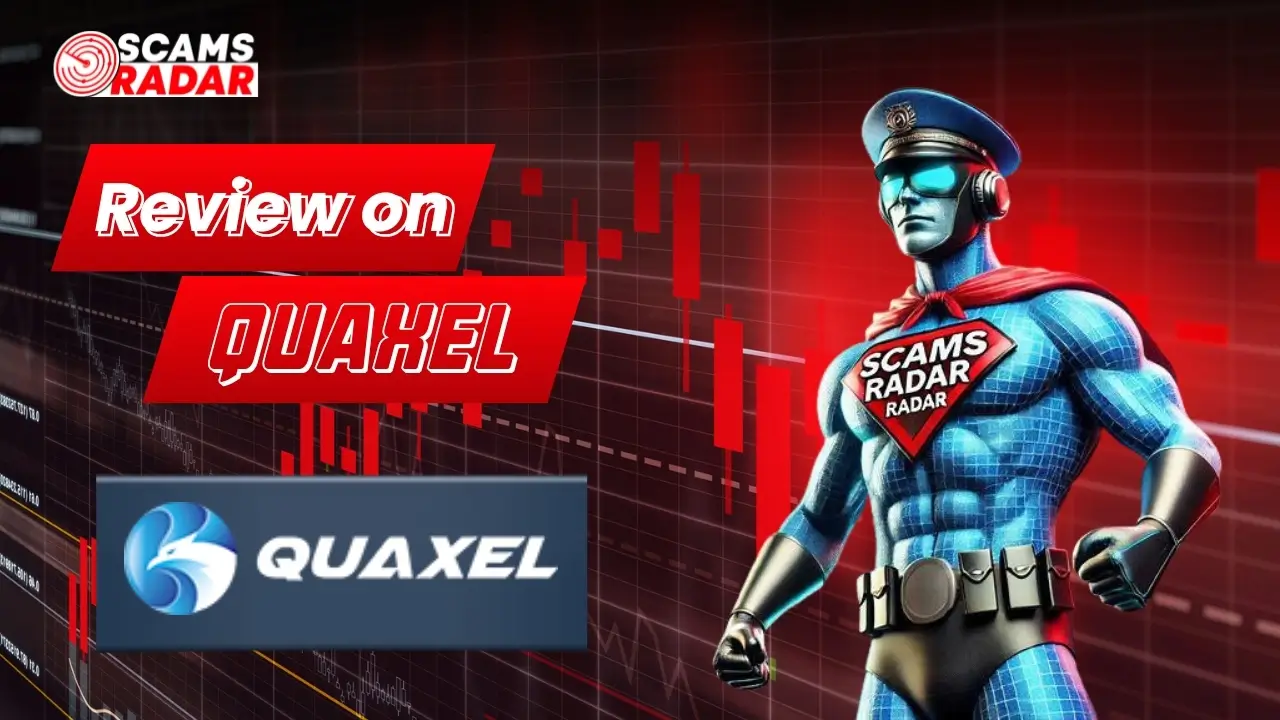 Quaxel Review by Scams Radar - Superhero analyzing Quaxel scam alert with red chart background