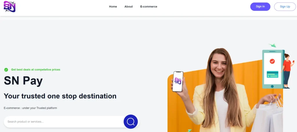 SN Pay website homepage showcasing a trusted platform with e-commerce services and a user-friendly interface