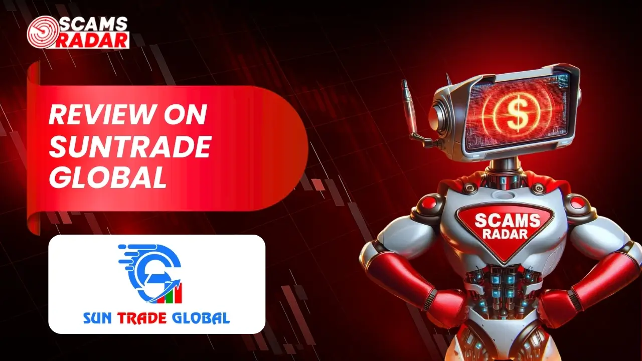 "SunTrade Review - Scams Radar robot analyzing SunTrade Global, highlighting potential scam risks with dollar sign display.