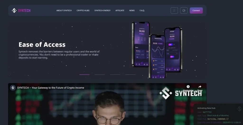 Syntech Website - Syntech crypto income platform with mobile app interface and user dashboard.