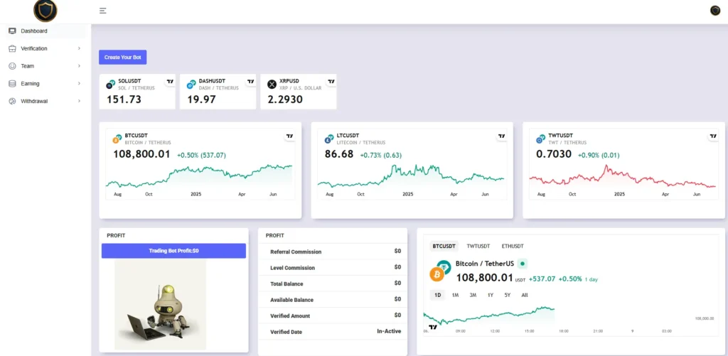 TWT Trade Review - Scams Radar robot analyzing trading platform with shield logo