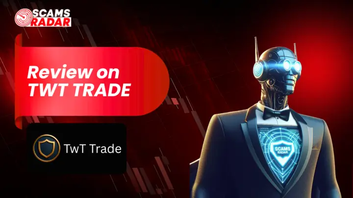 TWT Trade Review - Scams Radar robot analyzing trading platform with shield logo