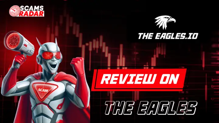 The Eagles Review - Scam Radar superhero analyzing The Eagles.io with stock chart background.