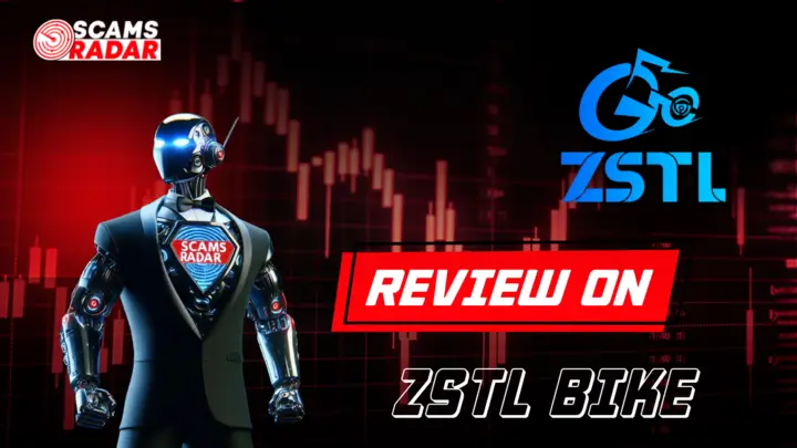 ZSTL Bike Review by Scams Radar - Detailed analysis of ZSTL Bike with robot illustration and financial chart background.