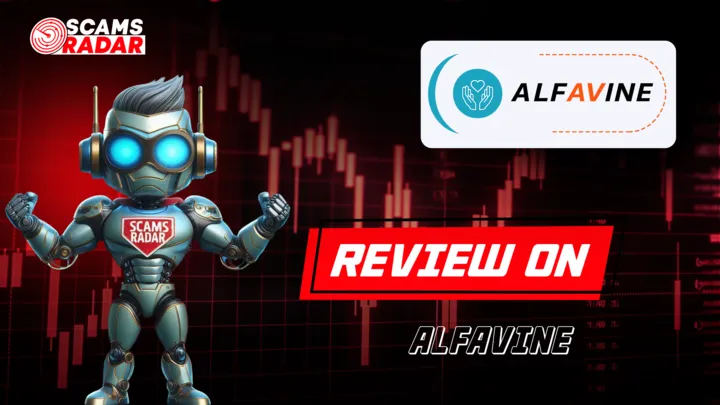 ScamsRadar robot reviewing AlfaVine Malaysia with trading chart background