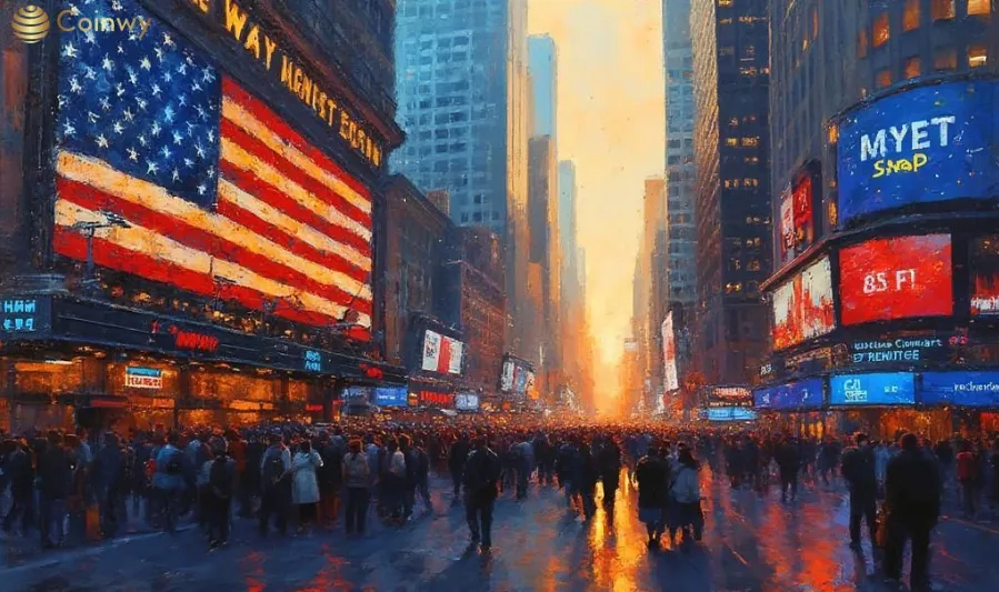 Times Square scene with a large American flag billboard and crowds at sunset