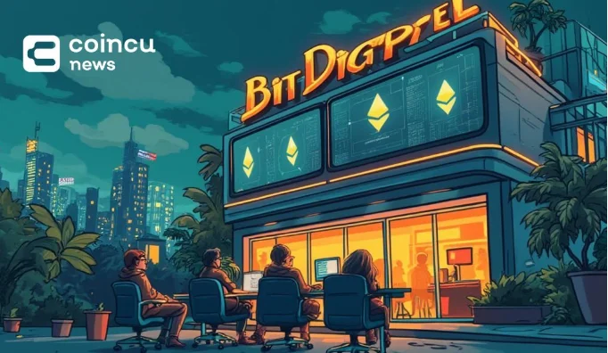 Bit Digital building with Ethereum logos, people working inside and skyline view, highlighting ETH-focused operations