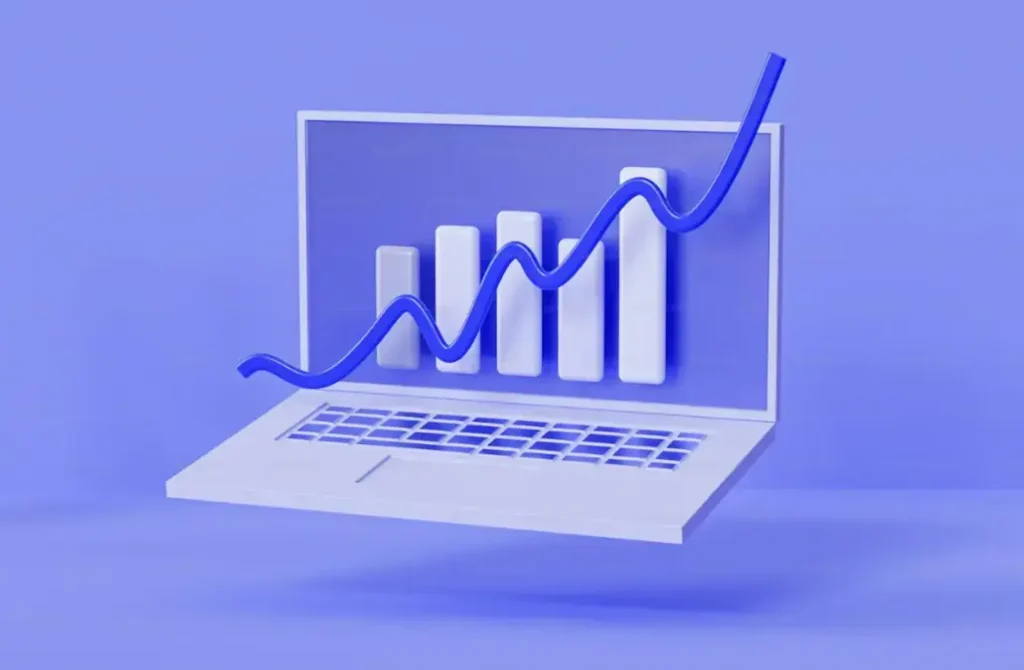3D illustration of a rising chart on a laptop screen, symbolizing Bitcoin bullish breakout and July crypto market surge