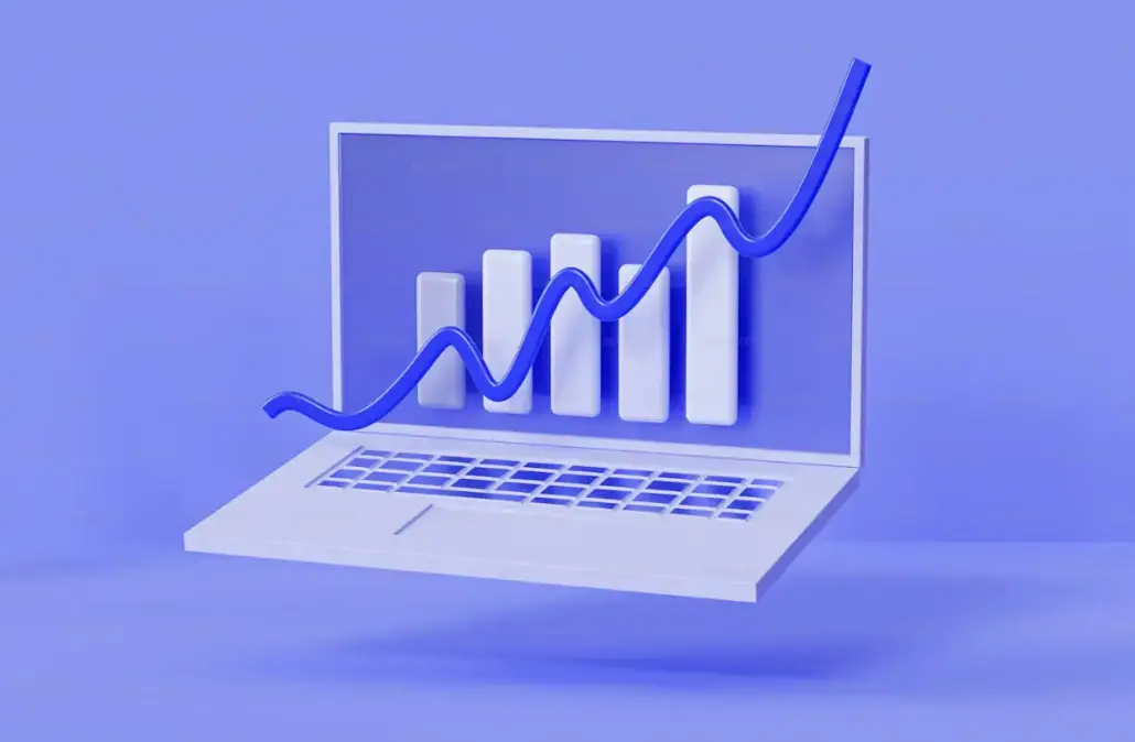3D illustration of a rising chart on a laptop screen, symbolizing Bitcoin bullish breakout and July crypto market surge