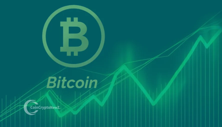 Bitcoin logo over a rising green price chart indicating upward momentum