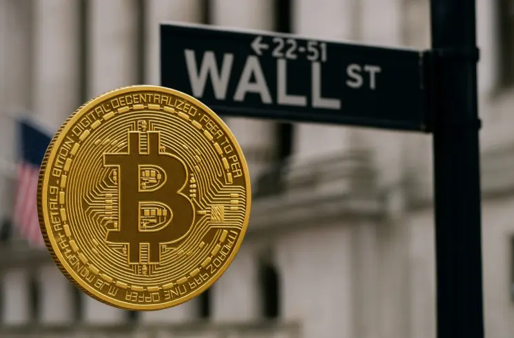 Bitcoin coin in front of the Wall Street sign, symbolizing cryptocurrency adoption and institutional interest in crypto markets