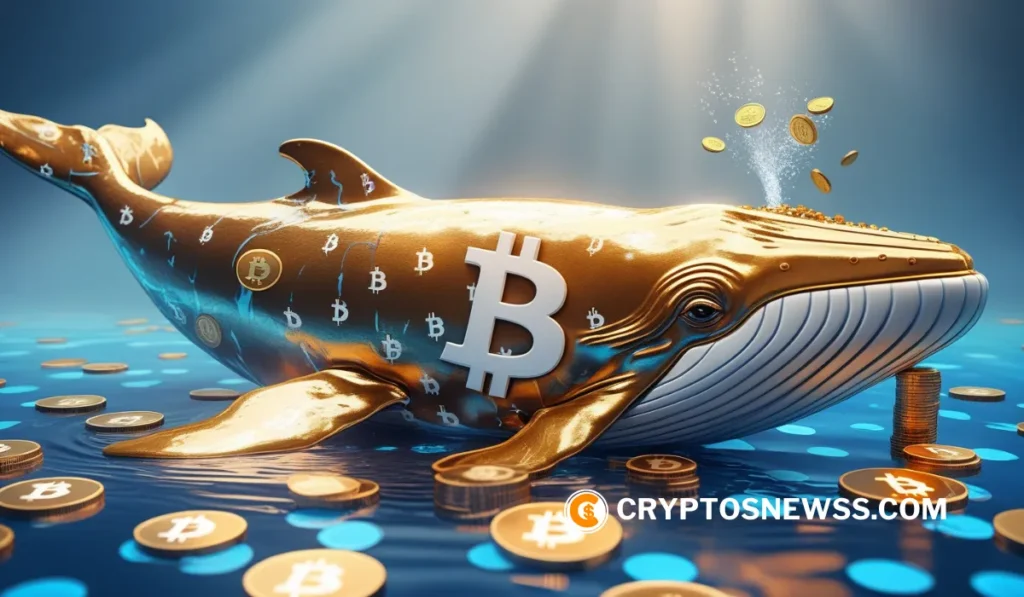 Stylized golden whale covered in Bitcoin symbols with coins and branding of CryptosNewss, representing large crypto holders