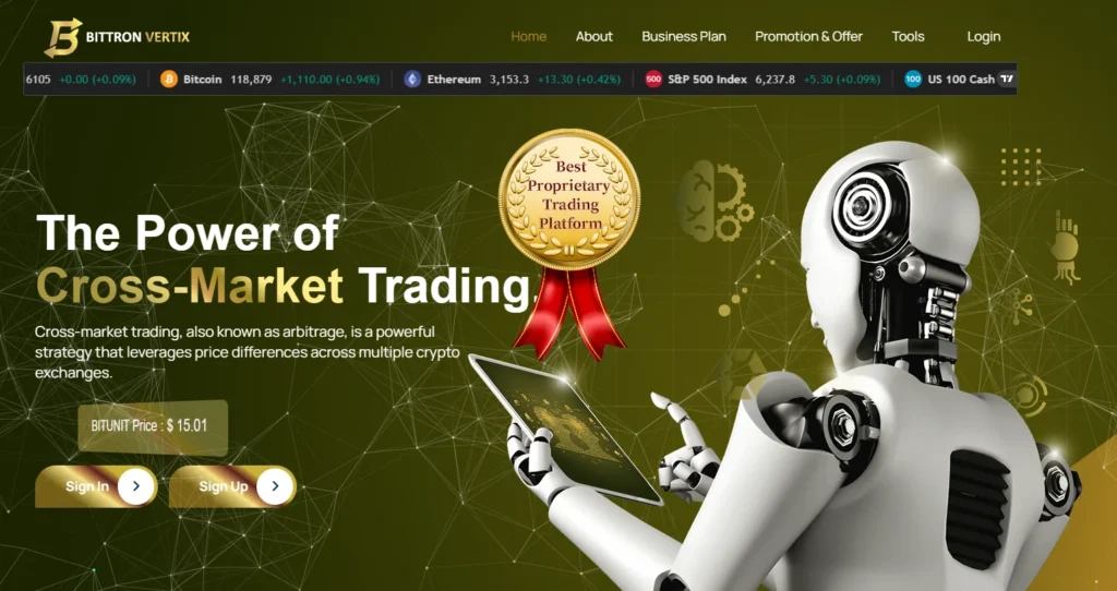 Bittron Vertix platform showcasing cross-market trading with robotic interface