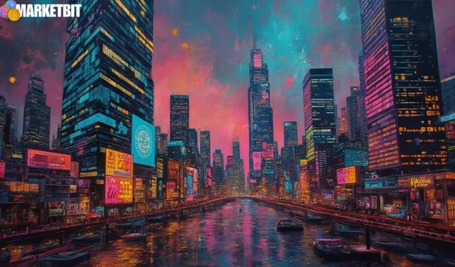 Vibrant futuristic city skyline over water with neon lights, representing BlockDAG presale success and crypto market momentum