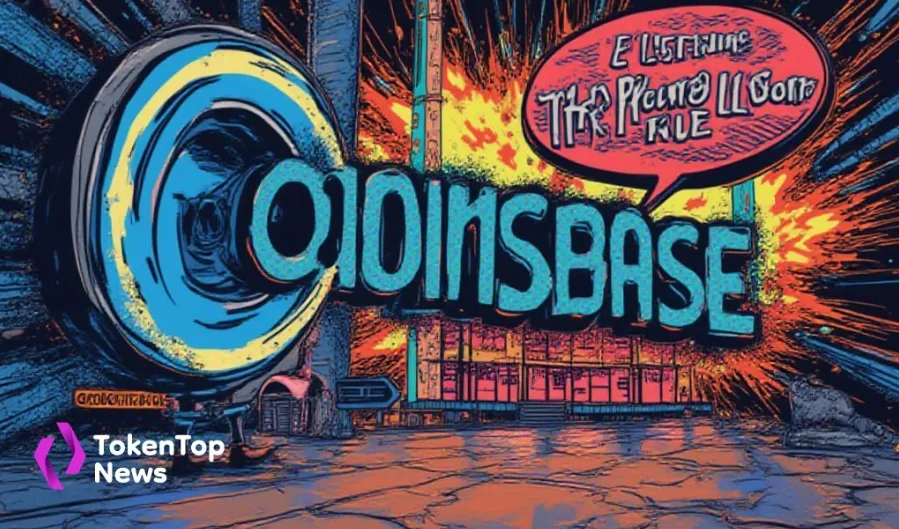 Colorful comic-style explosion artwork featuring Coinbase logo and listing announcement