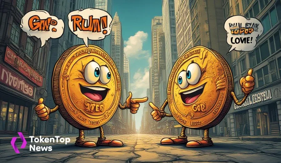 Two cartoon crypto coins talking in a city street, representing CoinDCX's stance against Coinbase acquisition rumors