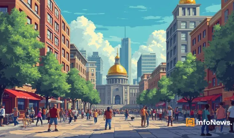 Illustration of a city square with a golden dome and people walking, symbolizing public engagement with crypto regulations