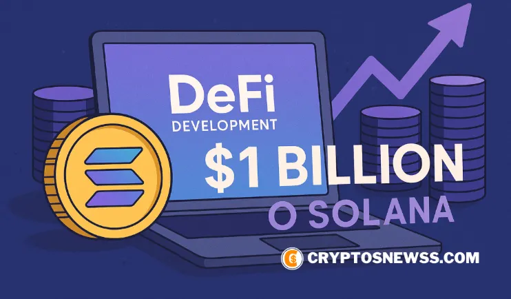DeFi Development planning $1 billion Solana acquisition with coin icon, laptop screen and crypto chart