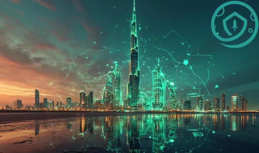 Futuristic Dubai skyline with digital network overlay, symbolizing DeFi innovation and QCDT tokenized money market fund
