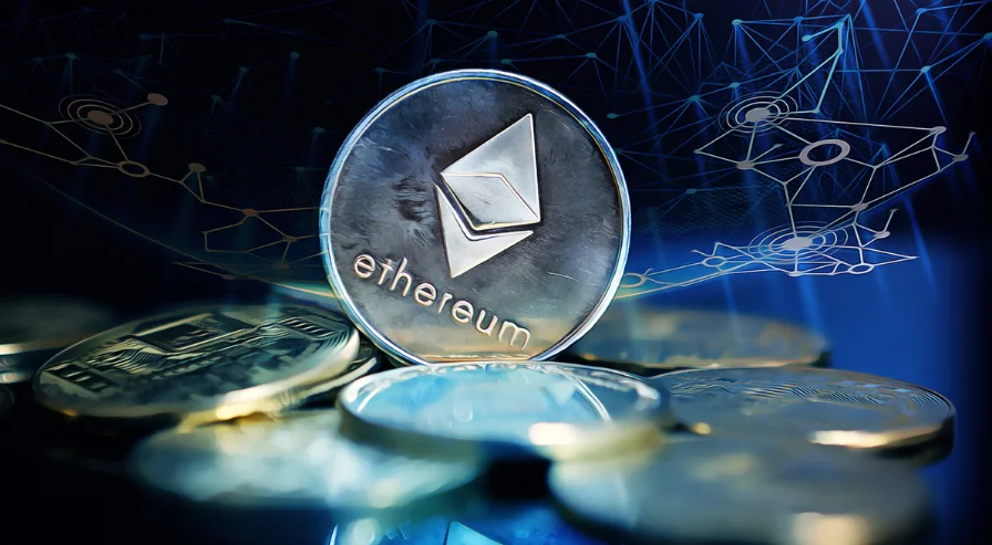 Ethereum coin standing among other cryptocurrencies with a futuristic blockchain network background