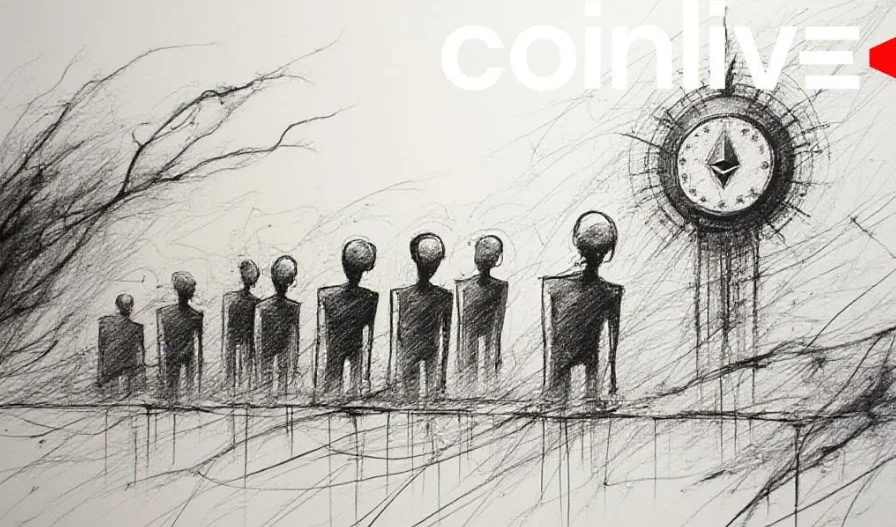 Artistic illustration of validators in line beneath Ethereum clock, symbolizing growing queue and staking demand on Ethereum