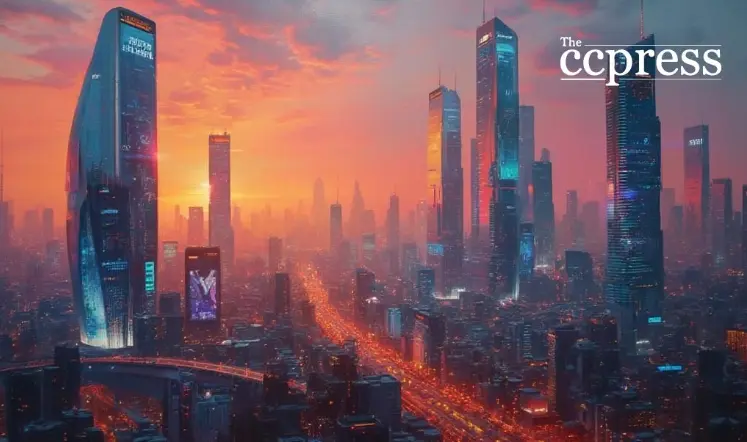 Digital artwork of a futuristic city skyline glowing at sunset, symbolizing the rise of cryptocurrency and tech innovation