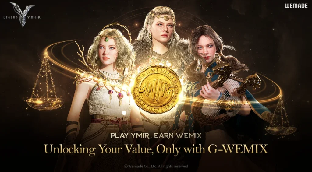 Legend of YMIR characters promoting G-WEMIX tokenomics with gold coin and game rewards