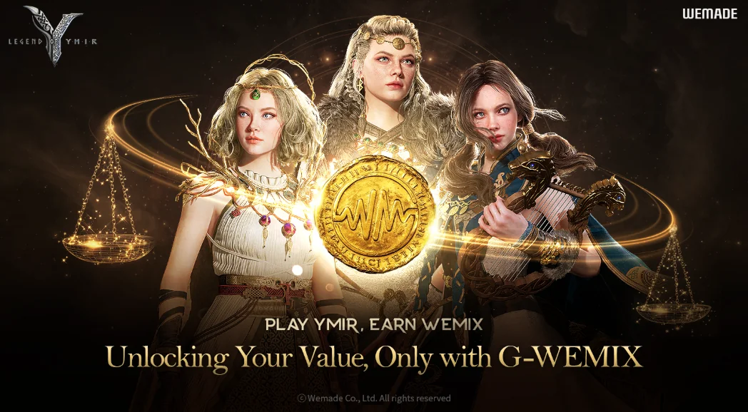 Legend of YMIR characters promoting G-WEMIX tokenomics with gold coin and game rewards